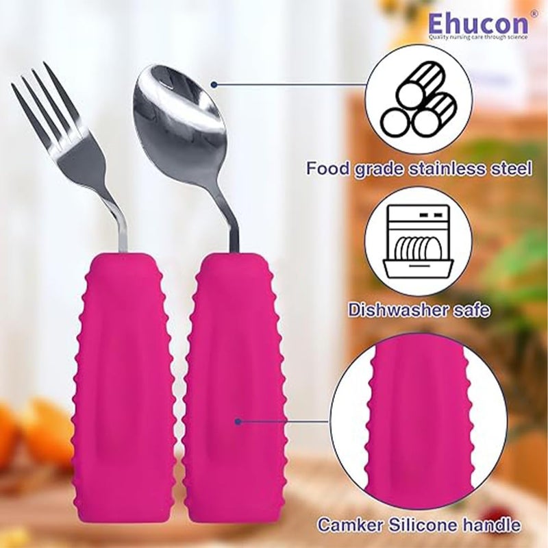 Ehucon Adaptive Utensils,Weighted Angled Silverware,Parkinsons Aids,Curved Non-Slip Easy Grip Spoon and Fork Set for Tremors,Disabled,Handicap,Elderly,Arthritis (Right Hand,Pack of 2,Rose Pink) - Image 5